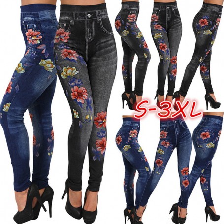 Fashion Women Leggings Floral Print Pencil Pants Leggings  3XL Casual High Waist Faux Denim Trousers Bottoms Black