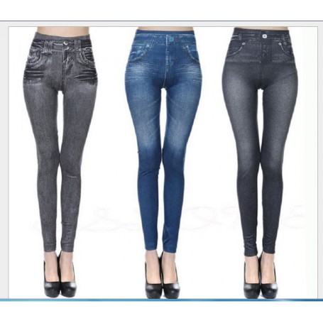 Leggings Women Fashion Faux Denim Jeans Leggings Sexy Long Pocket Printing Legging Summer Casual Pencil Black Pants Plus