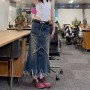 Women Streetwear Vintage Star Knee Length Denim Midi Long Skirt High Waist Straight Grunge Jeans Alt Maxi Skirts Clothes