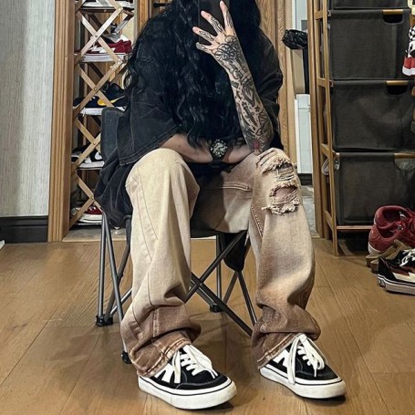 Women Streetwear  Retro Wide Leg  Ripped Jeans Denim Pants High Waist Baggy Trousers Gothic Alt Clothes