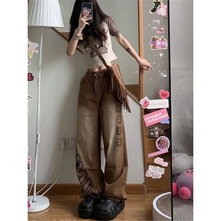 Women Vintage Streetwear Retro Egirl Hip Hop Trousers Low Rise Fairy Grunge Baggy Jeans Straight Gothic Pants Alt Grunge Clothes