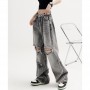 Women Streetwear Harajuku Retro Wide Leg Fairy Grunge Ripped Jeans Denim Pants High Waist Baggy Trousers Gothic Alt Clothes