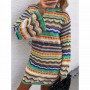 Sweater Women Knitwear Rainbow Stripe Decorative Pullover Mid Length Patchwork Style Fashion Sweater