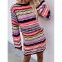 Sweater Women Knitwear Rainbow Stripe Decorative Pullover Mid Length Patchwork Style Fashion Sweater