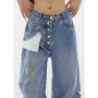 Blue Women Fashion CasualNew Baggy Ripped Splicing Jeans