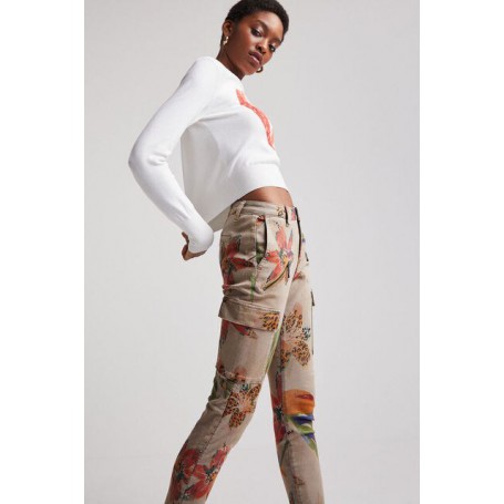 retro print elastic waist belt casual pants