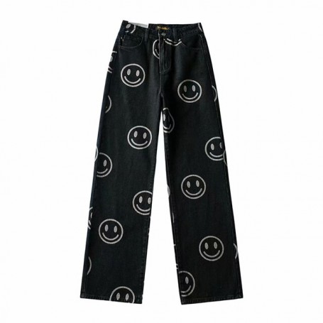 Smiley Print Straight Jeans Women Casual High Wasit Denim Trouser Fashion Simple Loose Streerwear Wide Leg Pants
