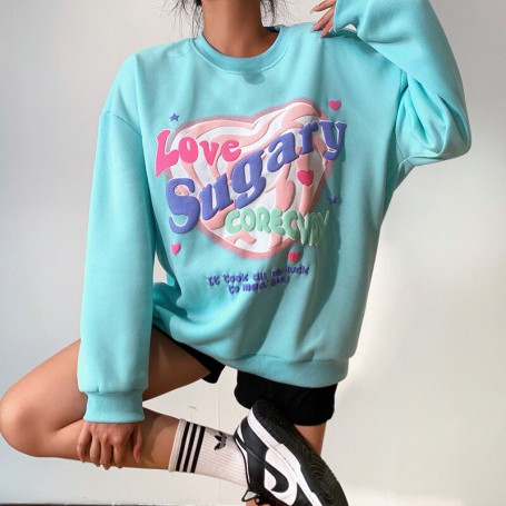 Cotton Oversized Letter Print Hoodie Sweet O Neck Long Sleeve Loose All Match Pullover for Girl Vintage Soft Sweatshirt