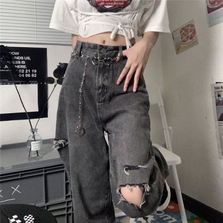 Vintage Streetwear  Dark Gray Ripped Jeans For Women  New Design High Waist Jeans Loose Straight Wide Leg  Jeans Women