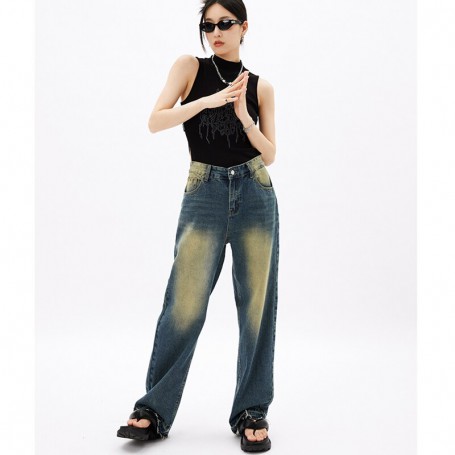 Women's Jeans Vintage Blue Straight High Waist Denim Pants Clothing Autumn Baggy American Style Wide Leg Bottoms Fashion Trouser