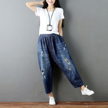 Wide Leg Ripped Jeans  Pants Worn Radish Pants For Women Blue Color Hole Loose Trousers Female
