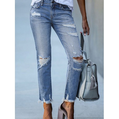 Patchwork Destroyed Raw Hem Jeans Ripped Hole Denim Pants