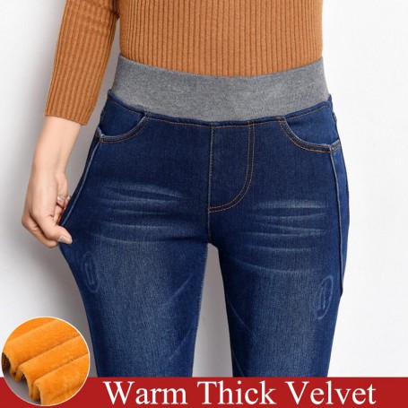 Jeans Women Casual Pants High Waist Jeans Elastic Waist Pencil Pants Fashion Denim Trousers Winter Warm Plus Size 40