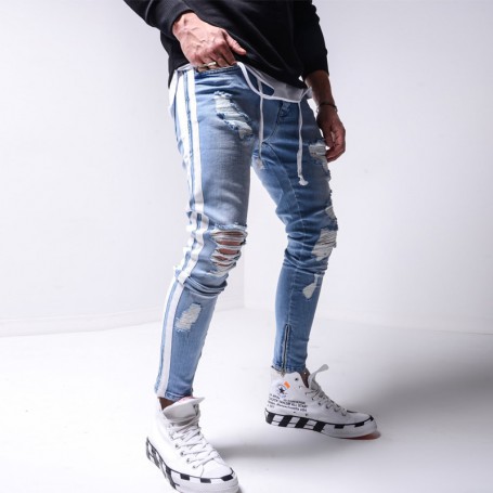 Men's Skinny ripped jeans men Pants Pencil Biker Side Striped Jeans Destroyed Hole Hip Hop Slim Fit Man Stretchy Jean Print