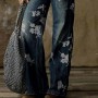 Plus Size Denim Jeans Women Retro High Waist Wide Leg Floral Print Long Loose Jeans Pants Trousers for Work