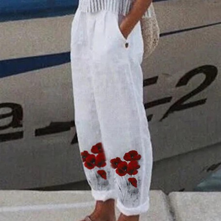 Cotton Linen Vintage Floral Printing  Pants Elastic Waist Pockets Casual Streetwear Work Wear Loose Trousers