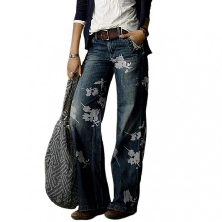 Plus Size Denim Jeans Women Retro High Waist Wide Leg Floral Print Long Loose Jeans Pants Trousers for Work