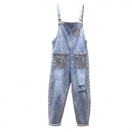 Embroidered Baggy Ripped Strap Jeans Women Spring Summer Autumn New Fashion Casual Denim Pants Overalls Female