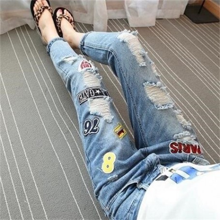 Embroidery Ripped Jeans Women Spring Summer Autumn New Fashion High Waisted Denim Pants