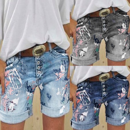 Women's jeans, high-waisted denim shorts, loose wash printing, multi-button curled hot pants, women's street pants