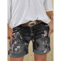 Women's jeans, high-waisted denim shorts, loose wash printing, multi-button curled hot pants, women's street pants
