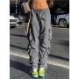 YIKUO Gray Solid Hippie y2k Sweatpants Drawstring Low Waist Casual Baggy Joggers Cargo Pants Women Patchwork Pocket Trousers