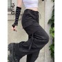 Khaki or Grey Cotton Drawstring Low Waist Cargo Pants Korean Fashion Black Y2K Streetwear Bottoms Hippie Baggy Trousers