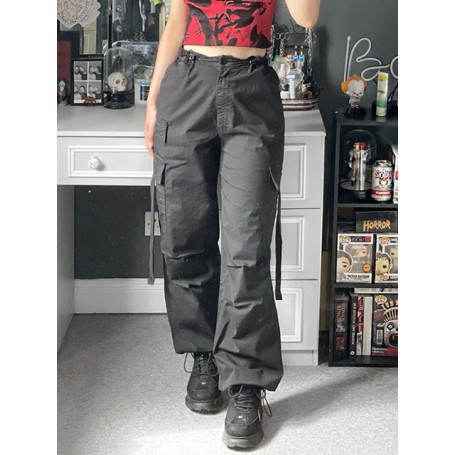 Khaki or Grey Cotton Drawstring Low Waist Cargo Pants Korean Fashion Black Y2K Streetwear Bottoms Hippie Baggy Trousers