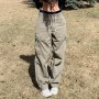Gray Baggy Pants Women Fashion Street Style Retro Dawstring Cargo Pants Ins Loose High Waist Denim Trouser Korean Harajuku