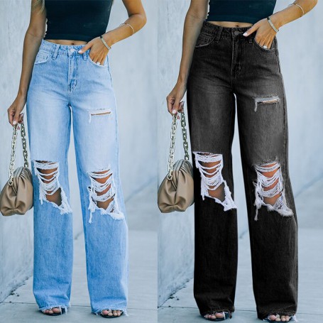High Waist Women Jeans  Summer Fashion Elegant Flared Pants Street Wide Leg Pant Wash Blue Ripped Long Pant Bell Bottom Jean