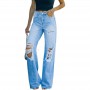 High Waist Women Jeans  Summer Fashion Elegant Flared Pants Street Wide Leg Pant Wash Blue Ripped Long Pant Bell Bottom Jean