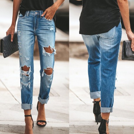 Loose Casual Pants Street Wear Wash Blue Denim Pants Ripped Jeans Retro High Waist Wide Leg Pants