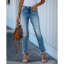 2022 SummerWomen Loose Casual Pants Street Wear Wash Blue Denim Pants Ripped Jeans Retro High Waist Straight Leg Jeans