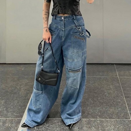 Vintage Streetwear Y2K Jeans Women High Waist Button Up Straight Pants Retro Baggy 90s Denim Cargo Pants