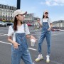 Woman Jeans Pants Embroidered Denim Suspender  Women's Loose Straight Cropped Pants Suspenders