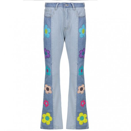 Vintage Flower Patchwork Jeans Woman High Waist Denim Trousers Streetwear Women