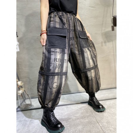 Women Elastic Waist Loose Vintage Stripe Jeans Double Pocket Cotton Denim