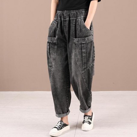 Elastic Waist Vintage Blue Loose Jeans All-matched Casual Cotton Denim Harem Pants V942