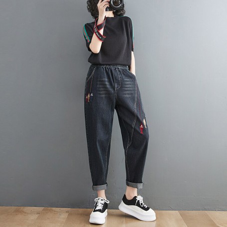 Elastic Waist Casual Cotton Denim Harem Pants Vintage Embroider Loose Jeans V939