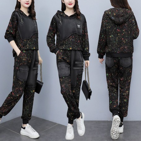 Women Embroidery Jackets And Pants Ladies Punk Denim Suits Black Hooded Printed Two Piece Sets Plus Size