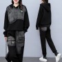 Women Embroidery Jackets And Pants Ladies Punk Denim Suits Black Hooded Printed Two Piece Sets Plus Size