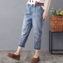 Elastic Waist Jeans Ladies Vintage Embroidery Trousers Women Casual Retro Floral Denim Cowboy Ripped Harem Pants