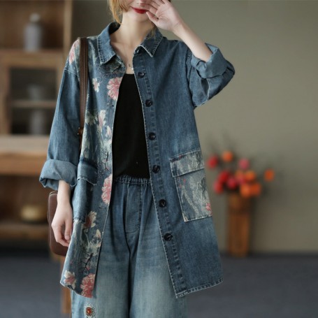 Flower Printed Denim Coat Women's Loose Medium Length Long Sleeve Cardigan Splicing Tops For Fashion Lady Thin Tops