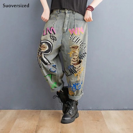 Letter Printed Painted Ripped Vintage Zipper High Waist Capris Jeans Ladies Baggy Streetwear Graffiti Harem Denim Pants