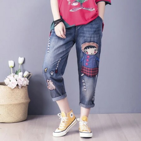 Women Letter Cartton Embroidery Retro High Waist Oversized  Jeans Femme Streetwear Baggy Casual Chic Denim Pants