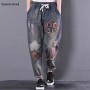 Ripped Spliced Graphic High Waist Oversized Women Harem Jeans Ladies Casual Vintage  Denim Trousers