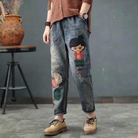 Ripped Spliced Graphic High Waist Oversized Women Harem Jeans Ladies Casual Vintage  Denim Trousers