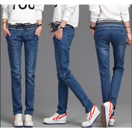 Casual Pants Slim Elasticity Waist Lace Jeans For Women Elastic Waist Blue Pencil Pants Size 26-40 Fashion Denim Trousers