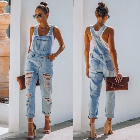 Denim Jumpsuits Women Ripped Tattered Jeans