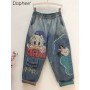 Cartoon Embroidered Patch Ripped Denim Ankle-Length Pants Women's Elastic Waist Casual Streetwear Jeans